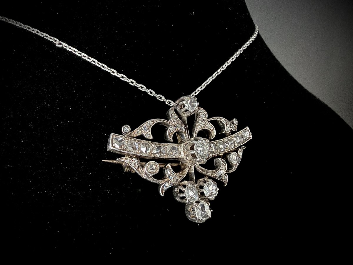 Broche et pendentif belle époque or jaune et platine sertie de diamants anciens-photo-3