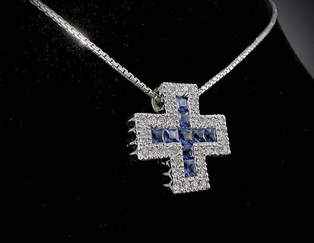 18-karat White Gold Cross Pendant With Calibrated Sapphires And Diamonds