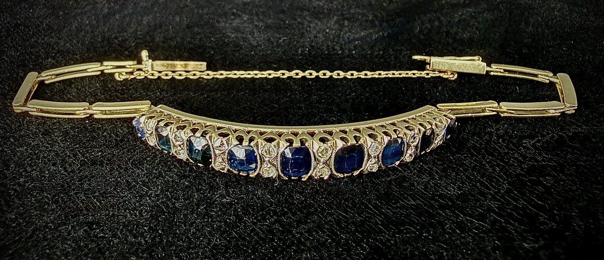 Napoleon III Bracelet, 18-karat Yellow Gold Set With Silver, Blue Sapphires, And Rose-cut Diamonds-photo-4