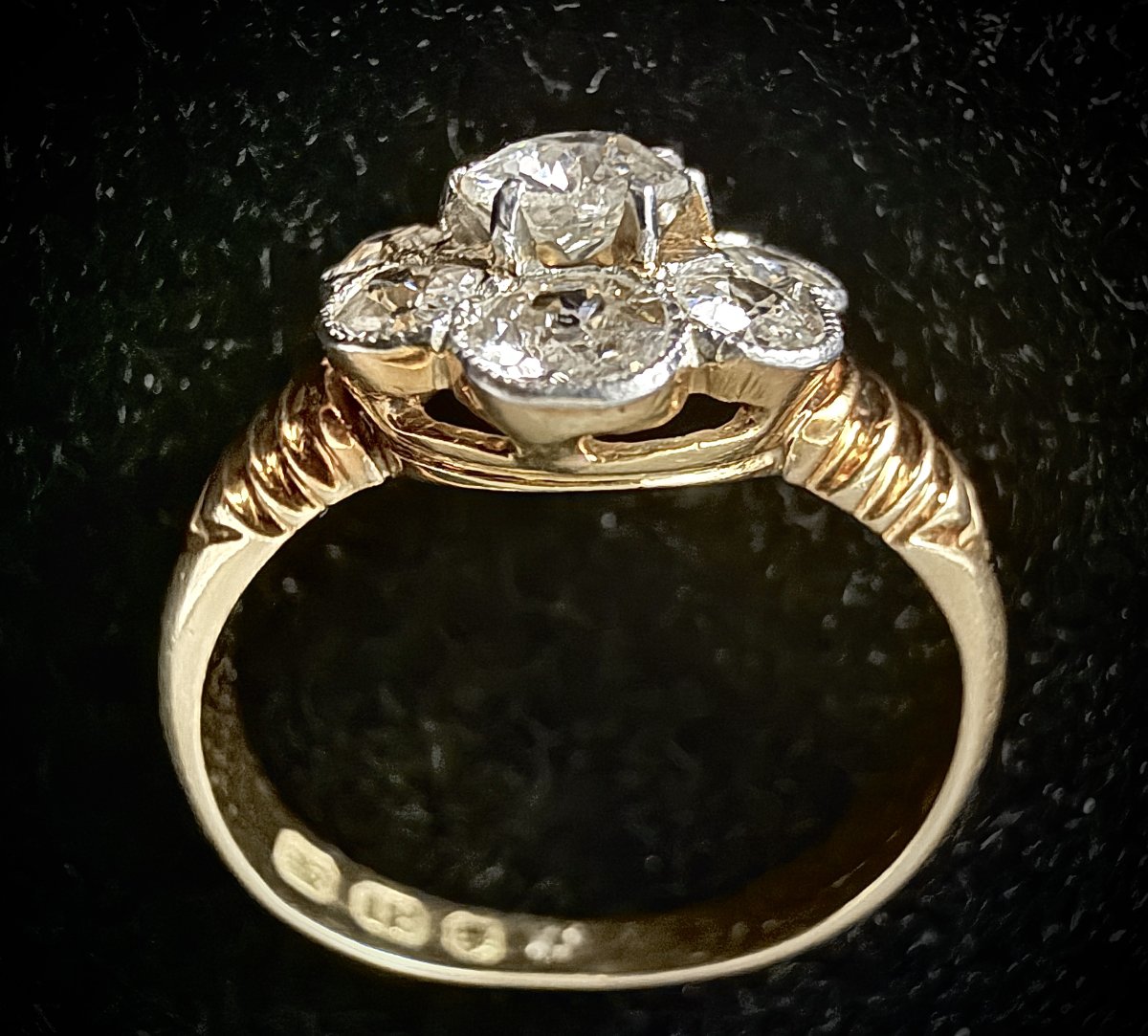 Bague Art Nouveau, type marguerite, en or jaune 18 carats, 1,70 ct de diamants taille ancienne-photo-3