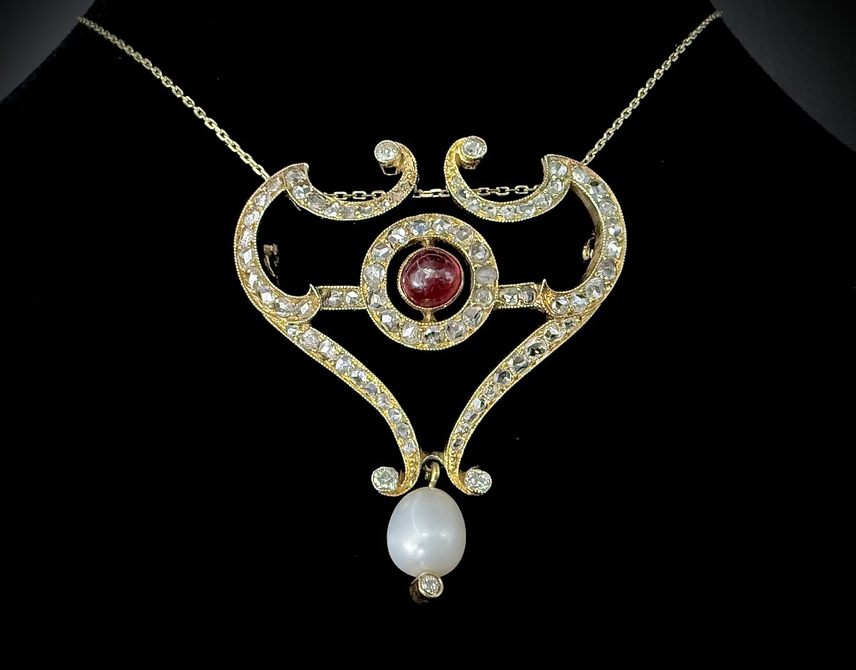 Broche-pendentif trasnformable Art Nouveau, or jaune 18 carats, rubis, perle fine et roses-photo-2