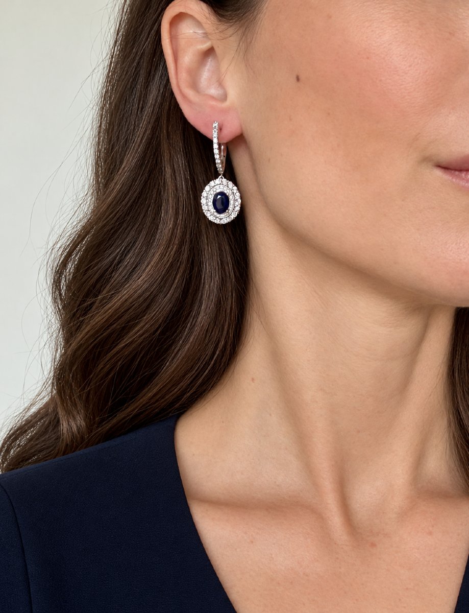 Boucles d'oreilles pendantes, or blanc 18 carats, saphirs - 4 carats et diamants - 3,25 carats
