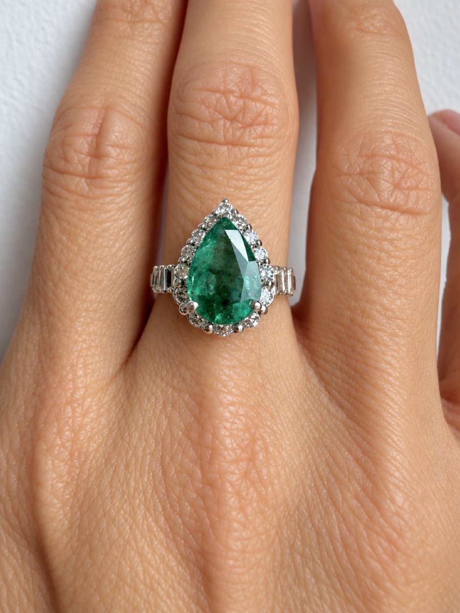 White Gold Ring With A 2.50-carat Pear-shaped Emerald And A Setting Of Diamonds In Various Cuts