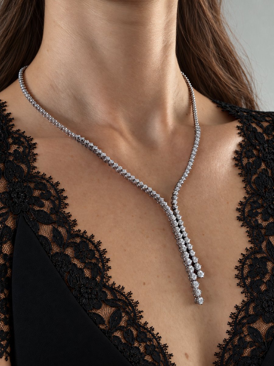 Collier cravate en négligé, or blanc 18K serti de 71 diamants réunissant 4,19 carats - VS/G/H-photo-3