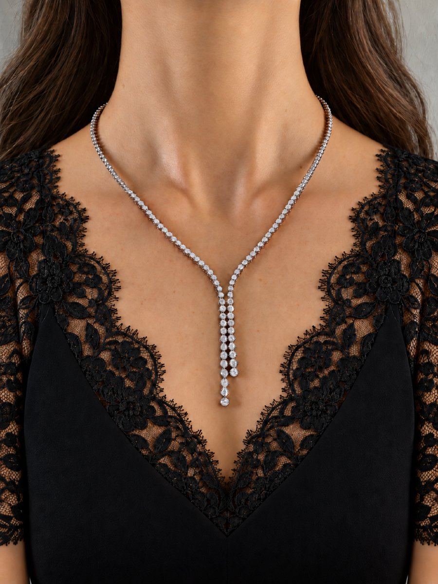 Collier cravate en négligé, or blanc 18K serti de 71 diamants réunissant 4,19 carats - VS/G/H