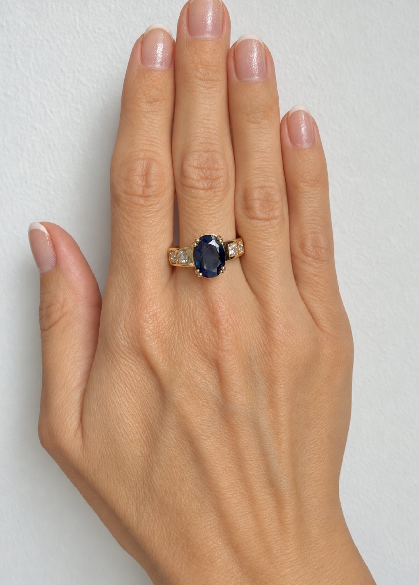 Bague or jaune 18K, saphir naturel non chauffé de 3,11 carats et diamants-photo-3