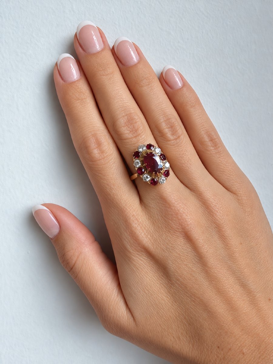 18k Gold Daisy Ring — 1.80 Ct Natural Ruby, Algt-certified, Rubies And Diamonds