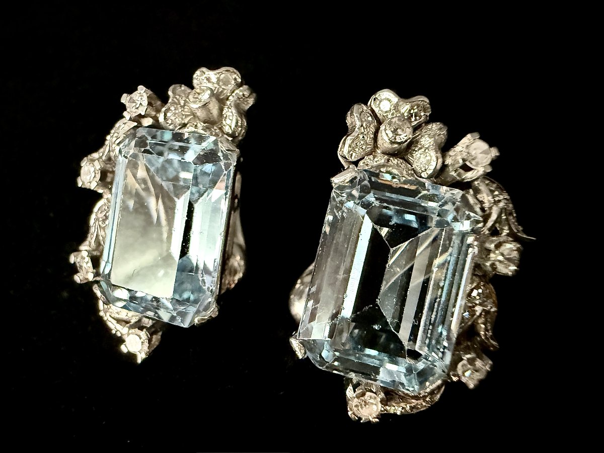 Platinum Earrings With Emerald-cut Aquamarines Weighing Approximately 13 Carats And Diamonds-photo-3