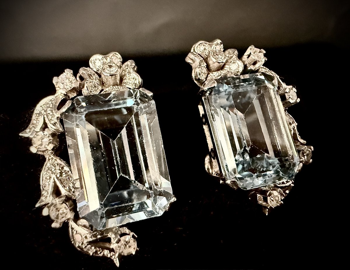 Platinum Earrings With Emerald-cut Aquamarines Weighing Approximately 13 Carats And Diamonds-photo-4