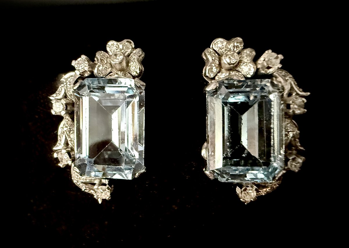 Platinum Earrings With Emerald-cut Aquamarines Weighing Approximately 13 Carats And Diamonds