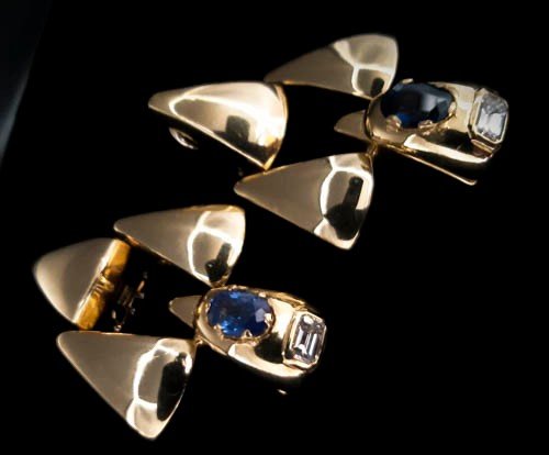 Pair Of 18k Gold Sapphires 2 Carats And 1 Carat Diamonds Earrings-photo-1