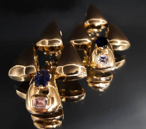 Pair Of 18k Gold Sapphires 2 Carats And 1 Carat Diamonds Earrings-photo-2