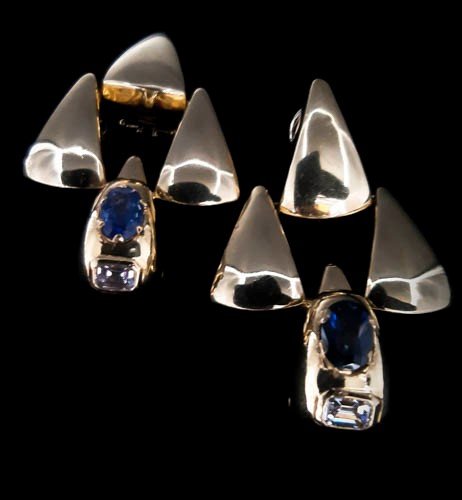 Pair Of 18k Gold Sapphires 2 Carats And 1 Carat Diamonds Earrings