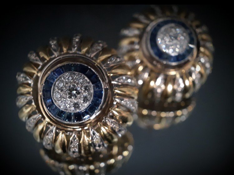 Pair Of 18k Gold Sapphires 1.25 Carats And 1.50 Carat Diamonds Earrings