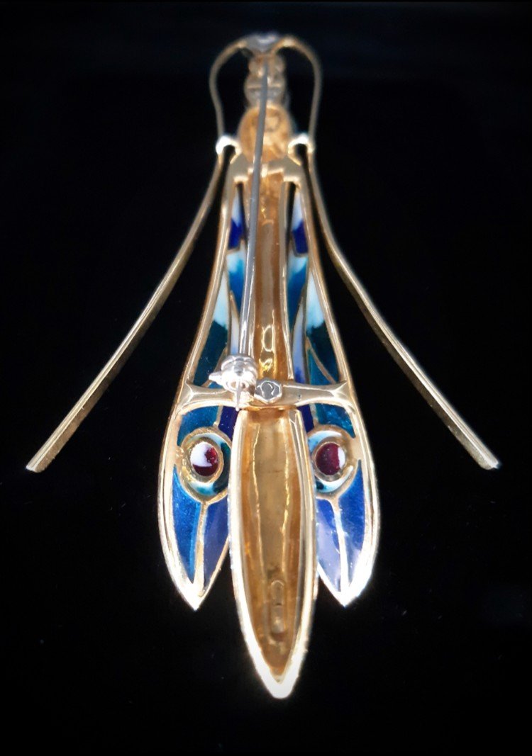 18k Gold Dragonfly Brooch With Blue, Green And Red Enamel And Diamonds-photo-1