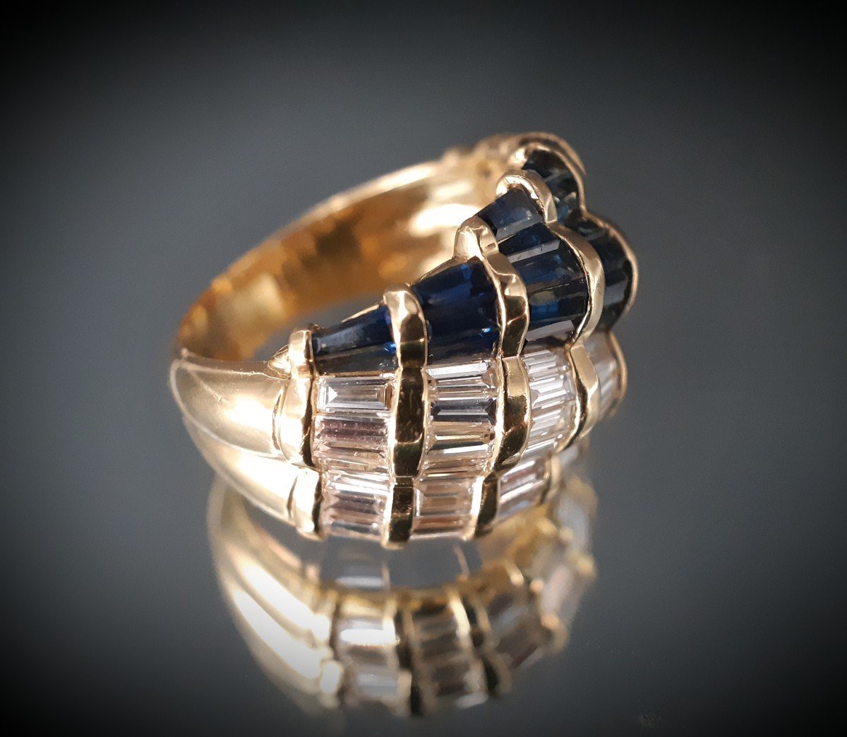 18k Yellow Gold Baguette-cut Diamonds And Sapphires Ring, 3 Carats Each-photo-1