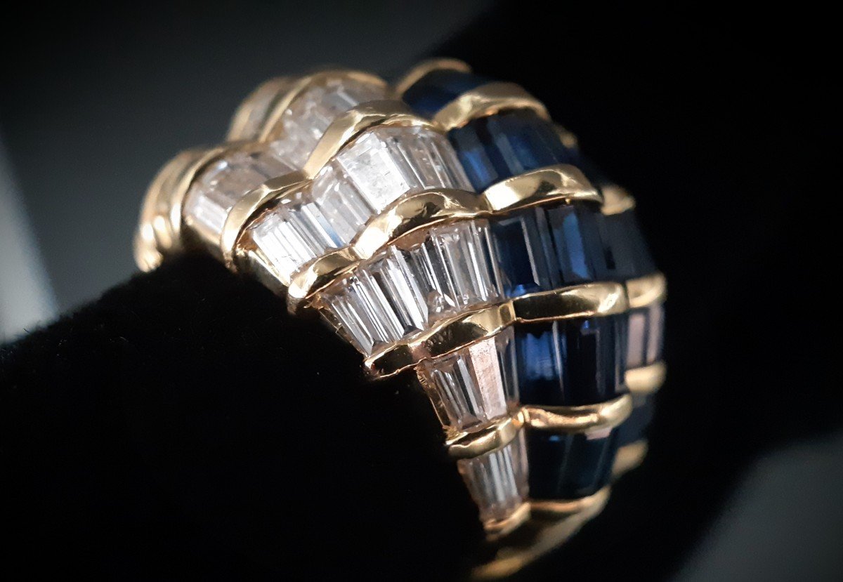 18k Yellow Gold Baguette-cut Diamonds And Sapphires Ring, 3 Carats Each