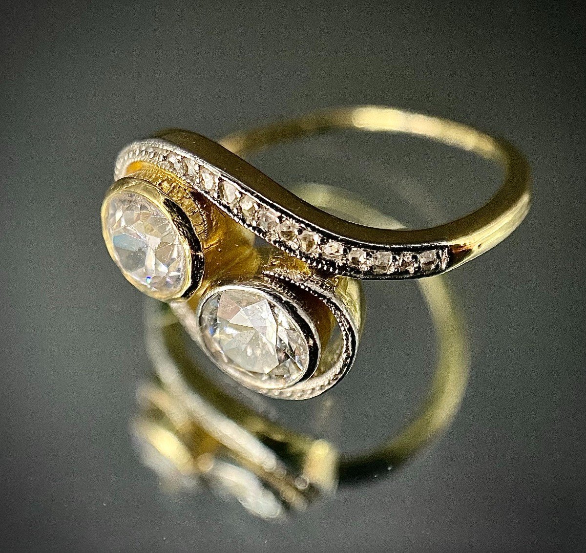 Bague Art nouveau en platine avec 1,30 carats de diamants + roses -photo-4