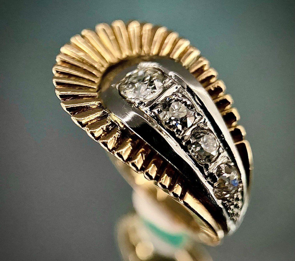 Ring Year 50 In Platinum 18k Yellow Gold Fluted With 'brillant 0.70 Carat