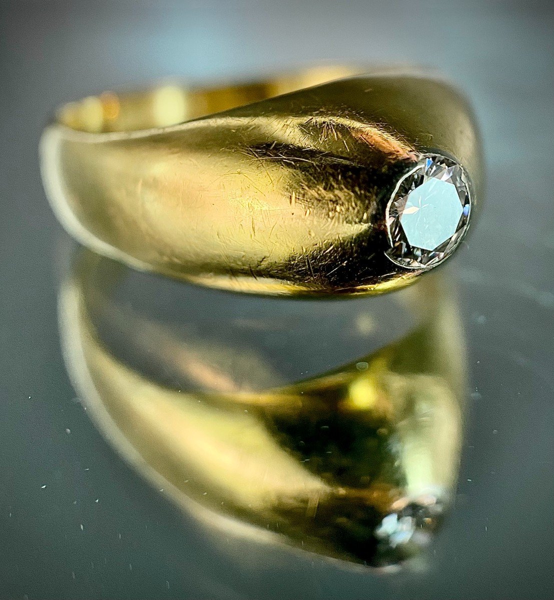 Bague Jonc début XX ème en or 18k sertie d’un diamant de 0,40 carat-photo-1