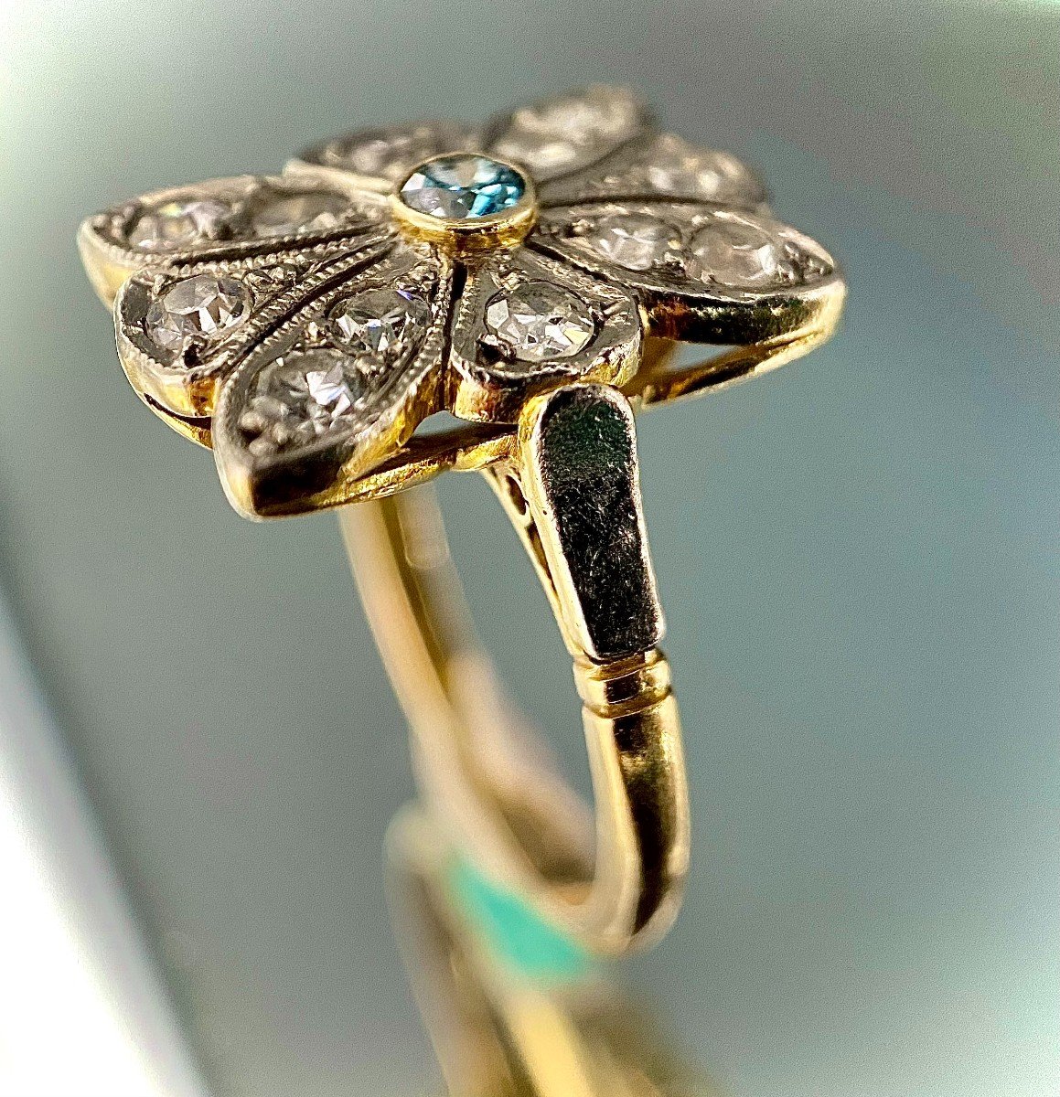 Art Nouveau Flower Ring In Silver On 18k Gold Set With A Blue Diamond-photo-4