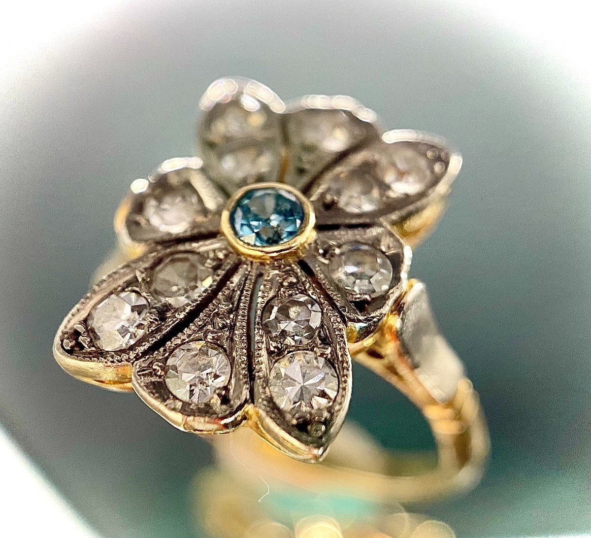 Art Nouveau Flower Ring In Silver On 18k Gold Set With A Blue Diamond