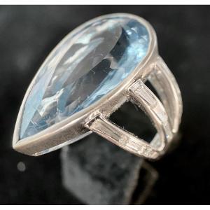 White Gold Ring Set With An Aquamarine Of Approximately 30 Carats Surrounded By 1.50 Carats Of Diamond