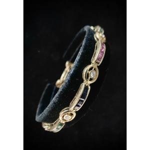 Yellow Gold Bracelet Set With 9 Brilliants And 12 Rubies/emeralds/sapphires Each