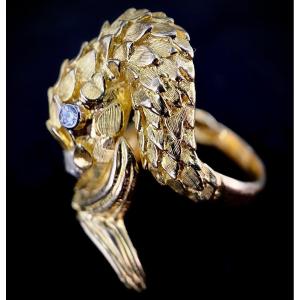 Bague Or Jaune Ciselé En Forme De Crocodile Avec Diamant De 0,35 Carat + 0,10 Carat