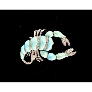 18-carat White Gold Scorpion Brooch Set With 11 Turquoises And 32 Brilliants