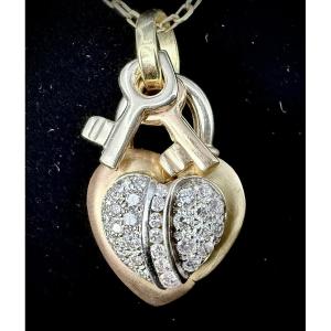 Collier cœur tricolore en forme de cadenas serti de 1,50 carats de diamants