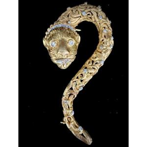 18-carat Yellow Gold Brooch Representing The Head Of A Lion And The Body Of A Snake
