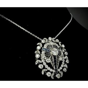 Art Deco Platinum Brooch/pendant Set With 2.80 Carats Of Calibrated Diamonds And Sapphires
