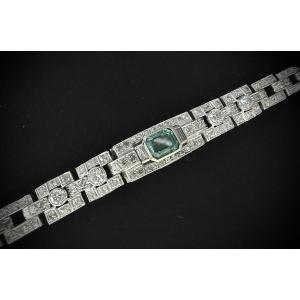 Bracelet Art Déco en platine et or blanc sertie d'une émeraude et de 4,72 carats de diamants
