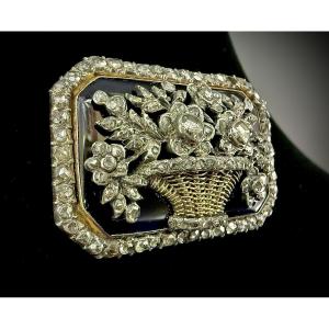 Napoleon III Brooch In Yellow Gold And Silver Set With Diamond Roses On A Blue Enamel Background