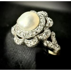 Flower-shaped Art Nouveau Ring In 18k Yellow Gold With Fine Pearl And Diamonds