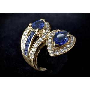 Bague or 18K – saphirs poire & calibrés – entourage diamants brillants – joaillerie élégante