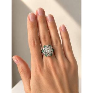 Cocktail Daisy Ring - Central Old Diamond 1.30ct - Voluminous Setting 18k White Gold