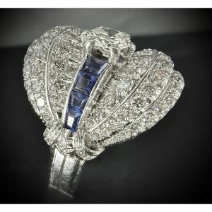 Art Deco-style Cocktail Ring In Platinum, With Approximately 3 Ct Of Diamonds And Calibrated Sapphires