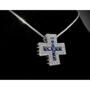 18-karat White Gold Cross Pendant With Calibrated Sapphires And Diamonds