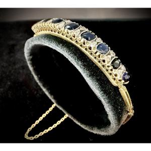 Bracelet Napoléon III, or jaune 18 carats surmonté d’argent, saphirs bleus et roses de diamant