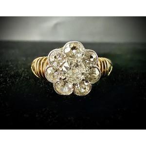 Bague Art Nouveau, type marguerite, en or jaune 18 carats, 1,70 ct de diamants taille ancienne