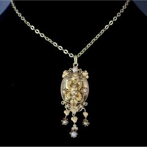 Pendentif Napoléon III, or rose/jaune 18 carats, feuillages et motifs floraux et perles fines