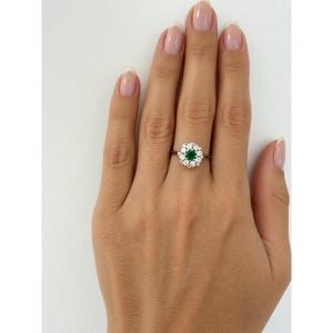 Bague marguerite or blanc 18 carats émeraude et diamants