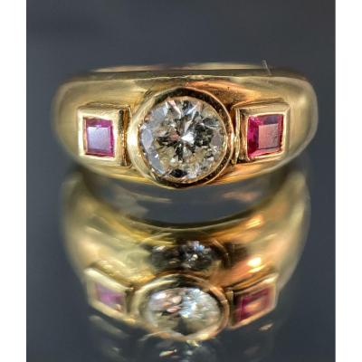 18k Gold Diamond Ring 0,85 Carat And Two Rubies