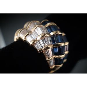 18k Yellow Gold Baguette-cut Diamonds And Sapphires Ring, 3 Carats Each