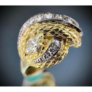 Ring In The Shape Of An Intertwined Snake Set With Two Marquise Cut Diamonds 0.75 Carat Each