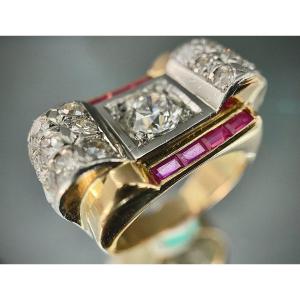 Knot Ring Year 40 Rose Gold And Platinum Set With A 0.80 Carat Diamond (vs-e/f) And Ruby