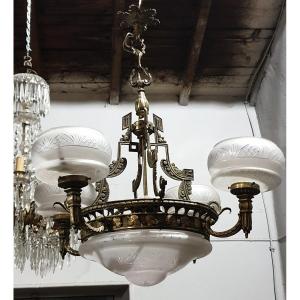 Chiseled Bronze Chandelier With Egyptian Profiles