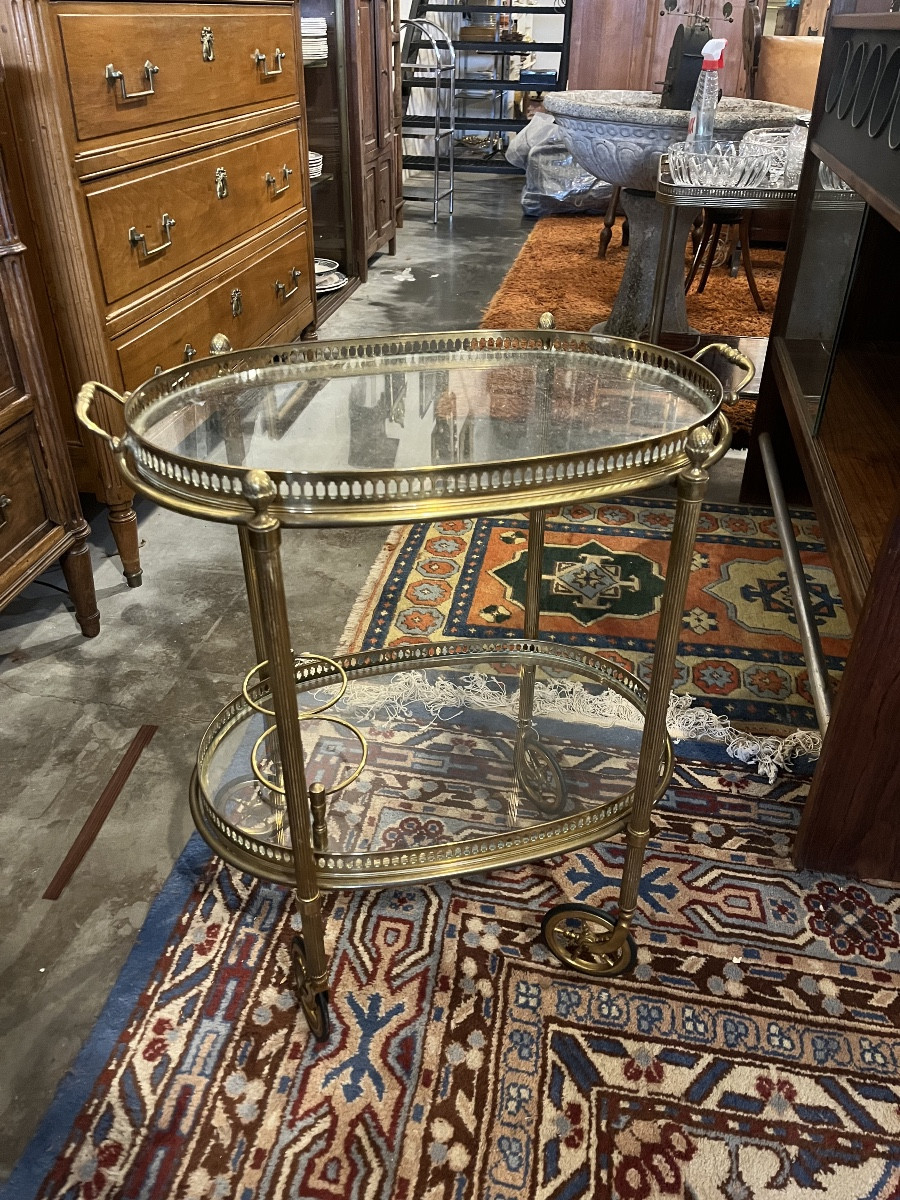 Rolling Glass And Brass Table In The Style Of Jansen And Maison Bagues
